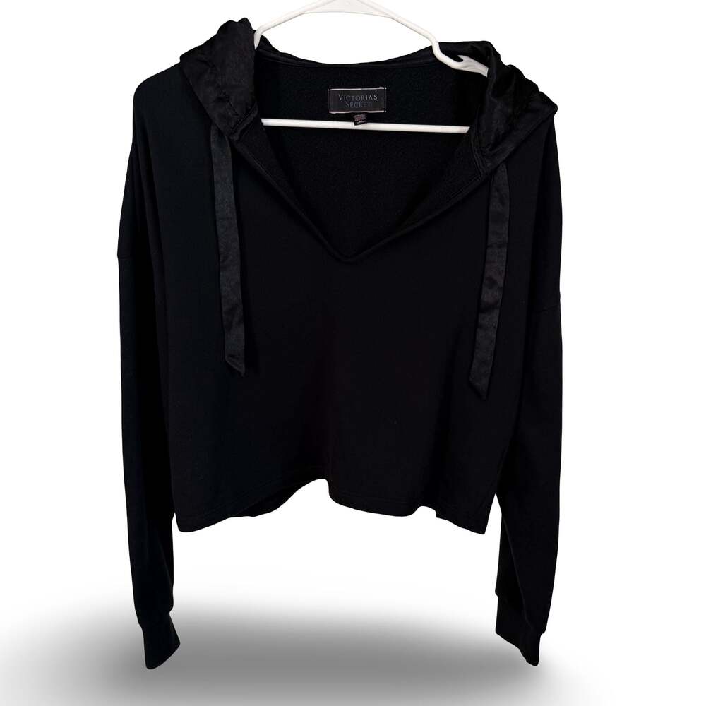 Victoria’s Secret Black Sueded Fleece Cropped Hoodie Satin Trim Logo Size L